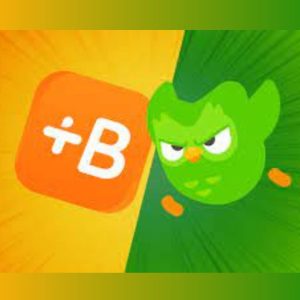 Babbel vs Duolingo logos fighting against each other