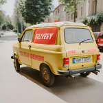 Was heißt DHL? dhl delivery car made with ai, yellow car with letters on it