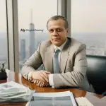 important person, CEO sitting in his office in a skyscraper, you can see the city in the background out of the window