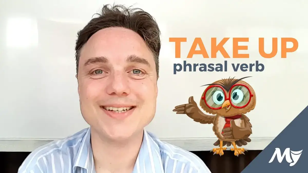 'Video thumbnail for TAKE UP (phrasal verb). Most common meanings.'