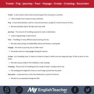 Travel - Trip - Journey - Tour - Voyage - Cruise - Crossing - Excursion